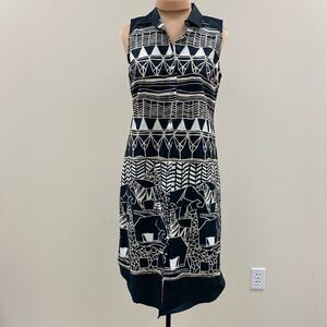 Zozo black and white safari‎ tribal print button front sleeveless shirt dress